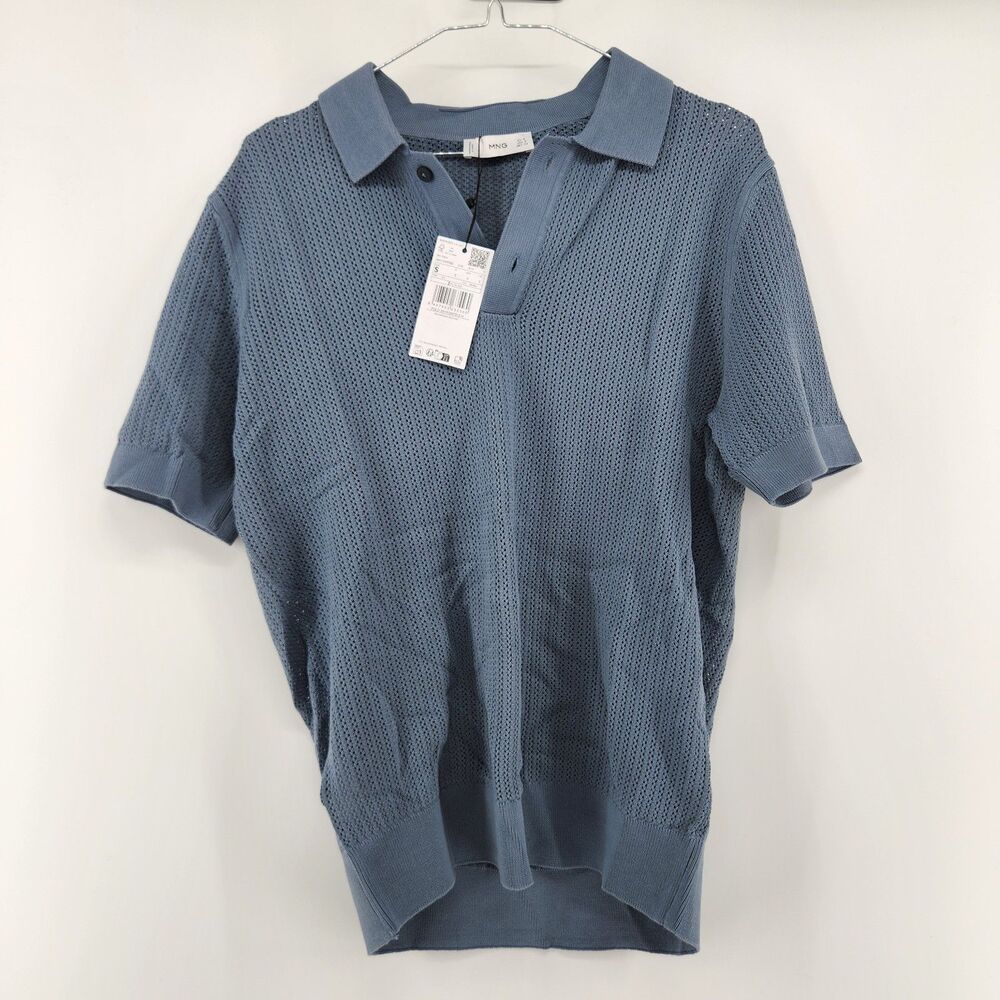 Mango Men's Small Blue Knitted Cotton Lace Pattern Polo Shirt NWT‎